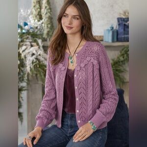 Sundance Caravane Crochet Knit Cardigan Flower Sweater Light Purple Sz XL NWOT